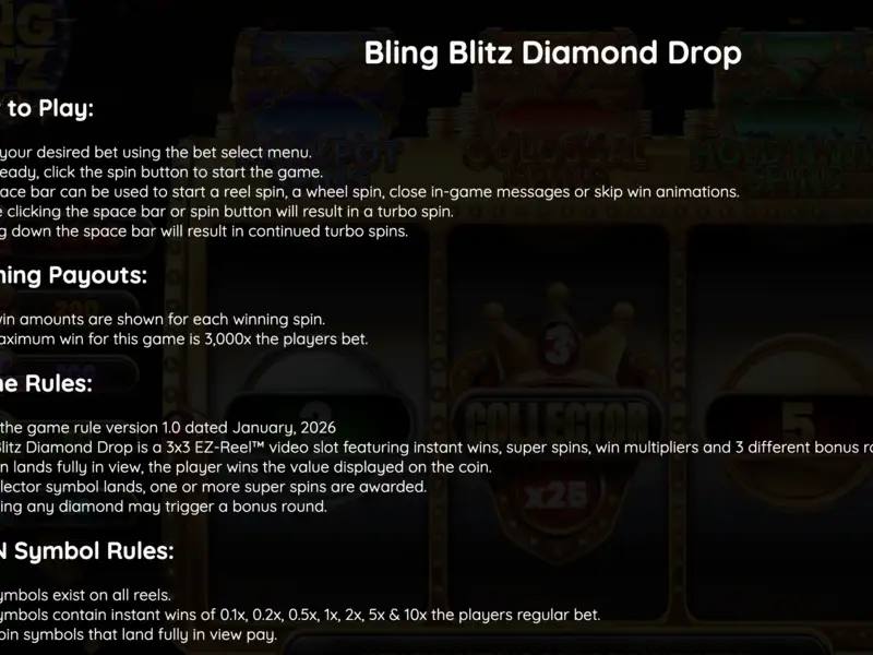 Bling Blitz Diamond Drop rule screen showing max win and coin values